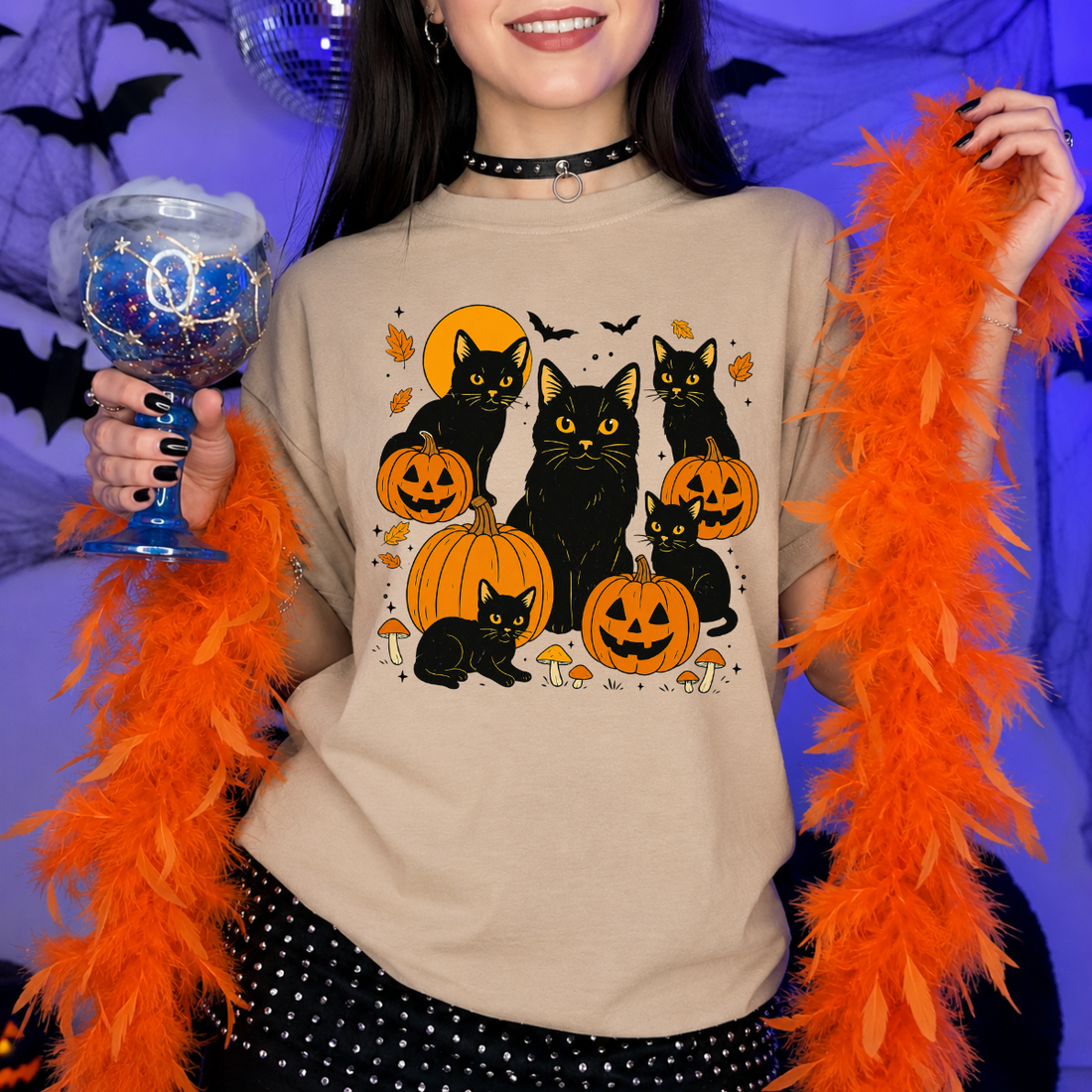Black Cats Pumpkin Halloween Tee