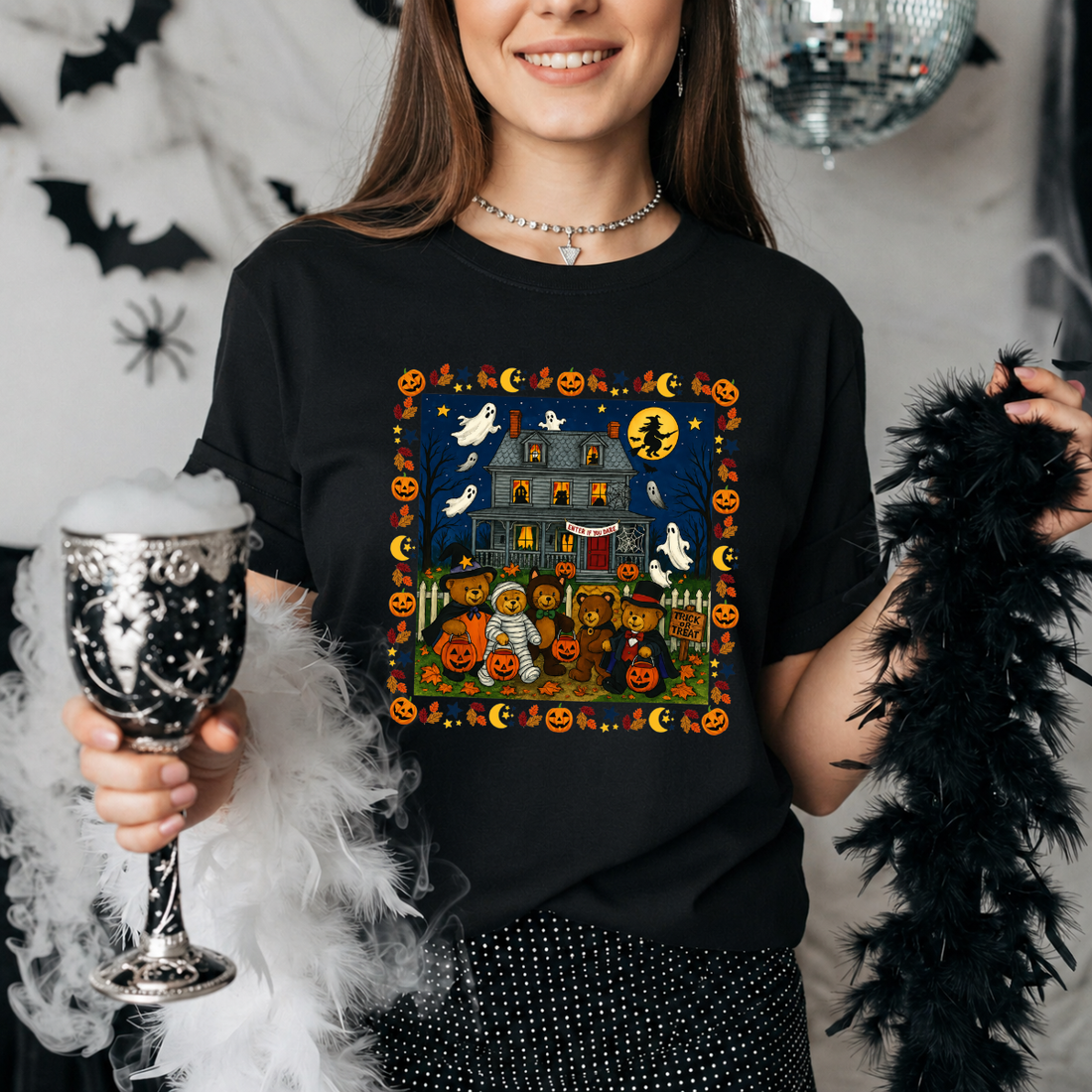 Halloween Teddy Bear Haunted House Tee