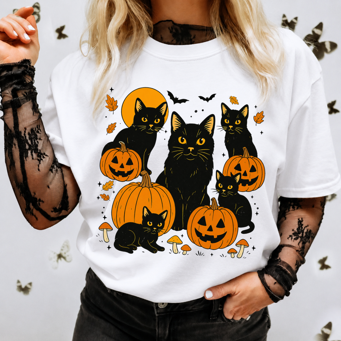 Black Cats Pumpkin Halloween Tee