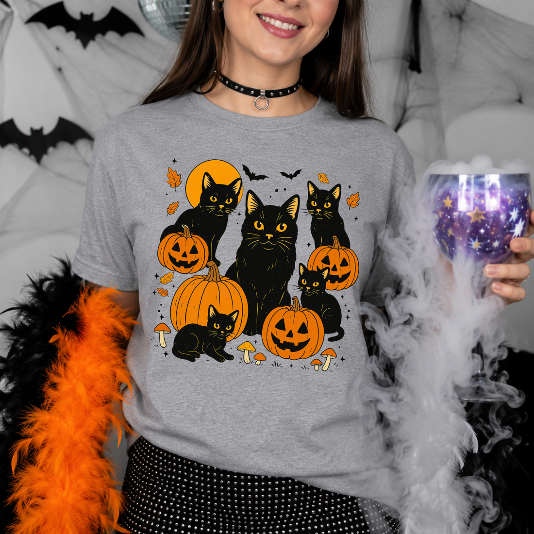 Black Cats Pumpkin Halloween Tee