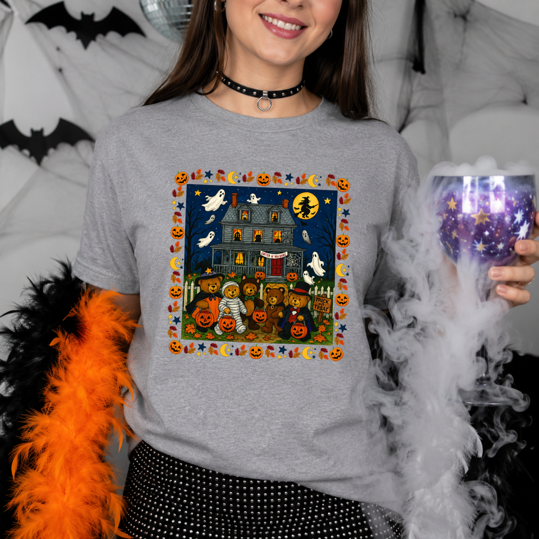 Halloween Teddy Bear Haunted House Tee