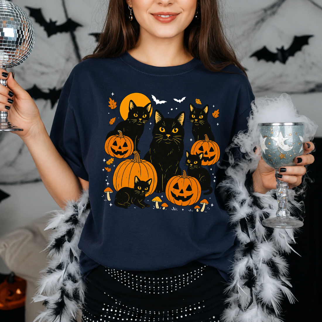 Black Cats Pumpkin Halloween Tee