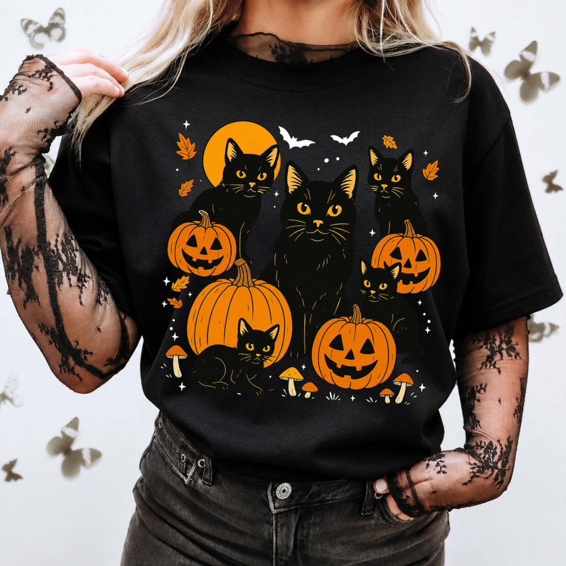 Black Cats Pumpkin Halloween Tee