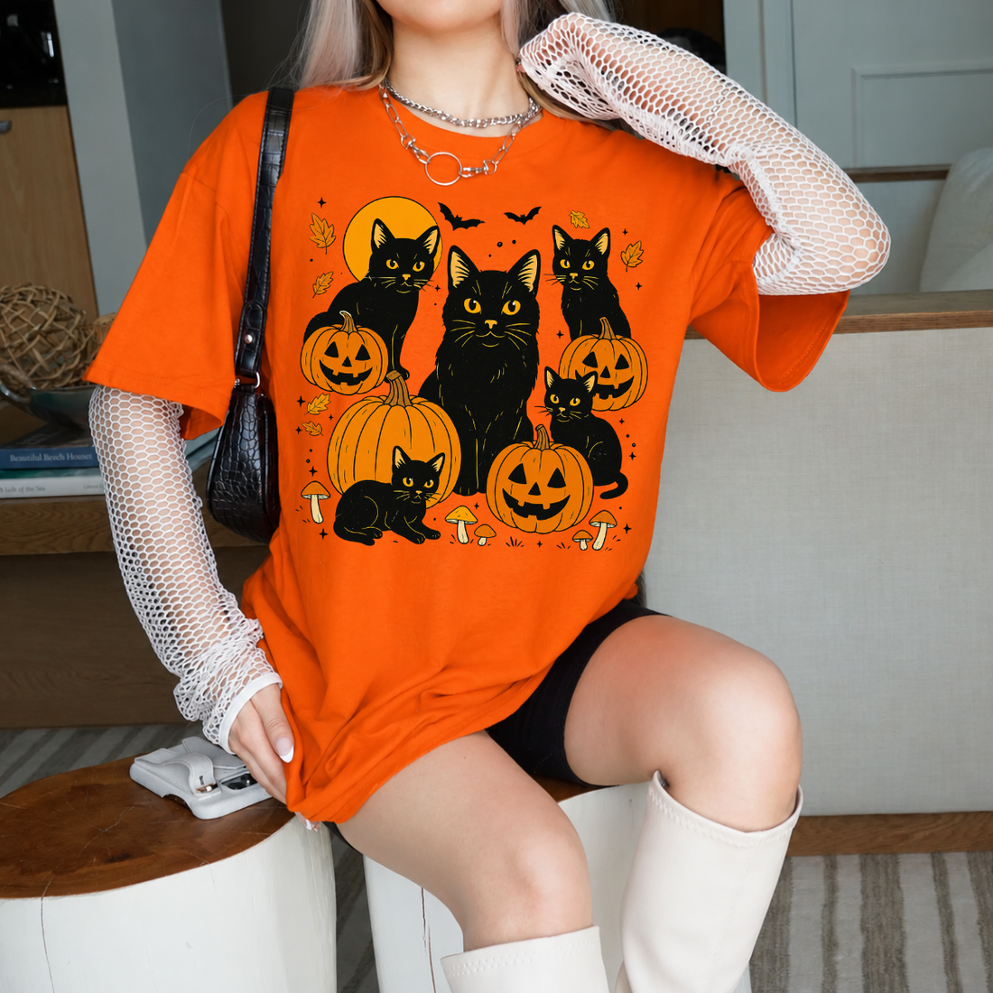 Black Cats Pumpkin Halloween Tee